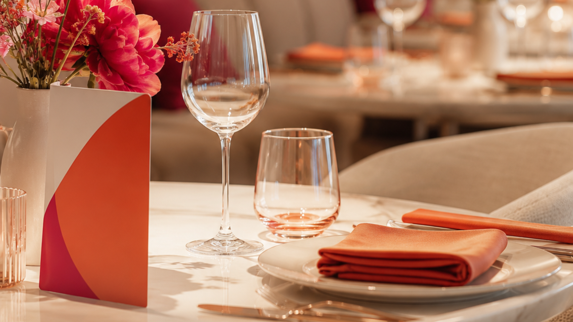 Elegant gedeckter Tisch für einen Business Lunch mit Weinglas, Wasserglas, orangefarbener Serviette und Blumen in einem stilvollen Restaurant.